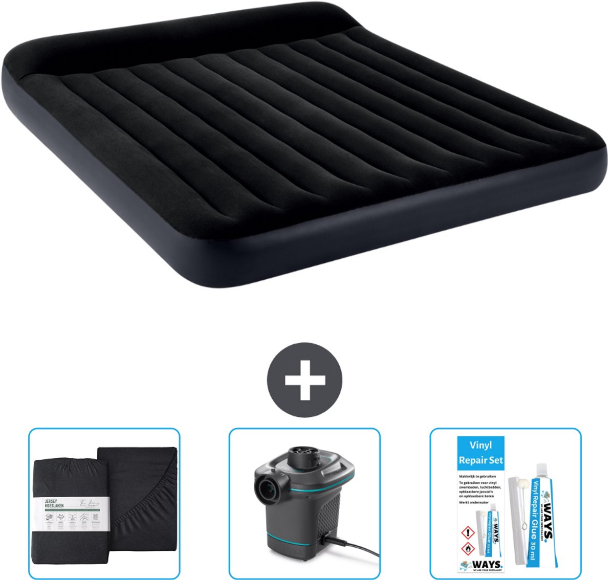 Intex Luchtbed - 2-Persoons - 183 x 203 x 25 cm - Donkerblauw - Inclusief Hoeslaken - Pomp en Reparatieset