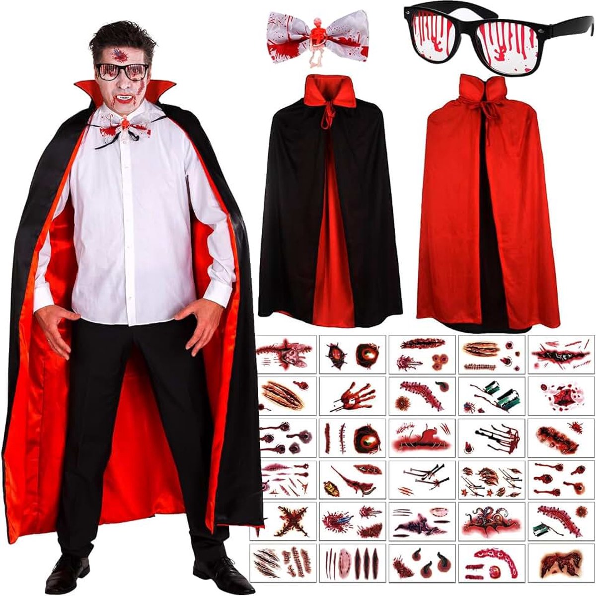 Cape, 150 cm, zwart-rood, dubbelzijdige cape, 30 tijdelijke tatoeages, Halloween-kostuum voor volwassenen, vlinderdas, bril met bloed
