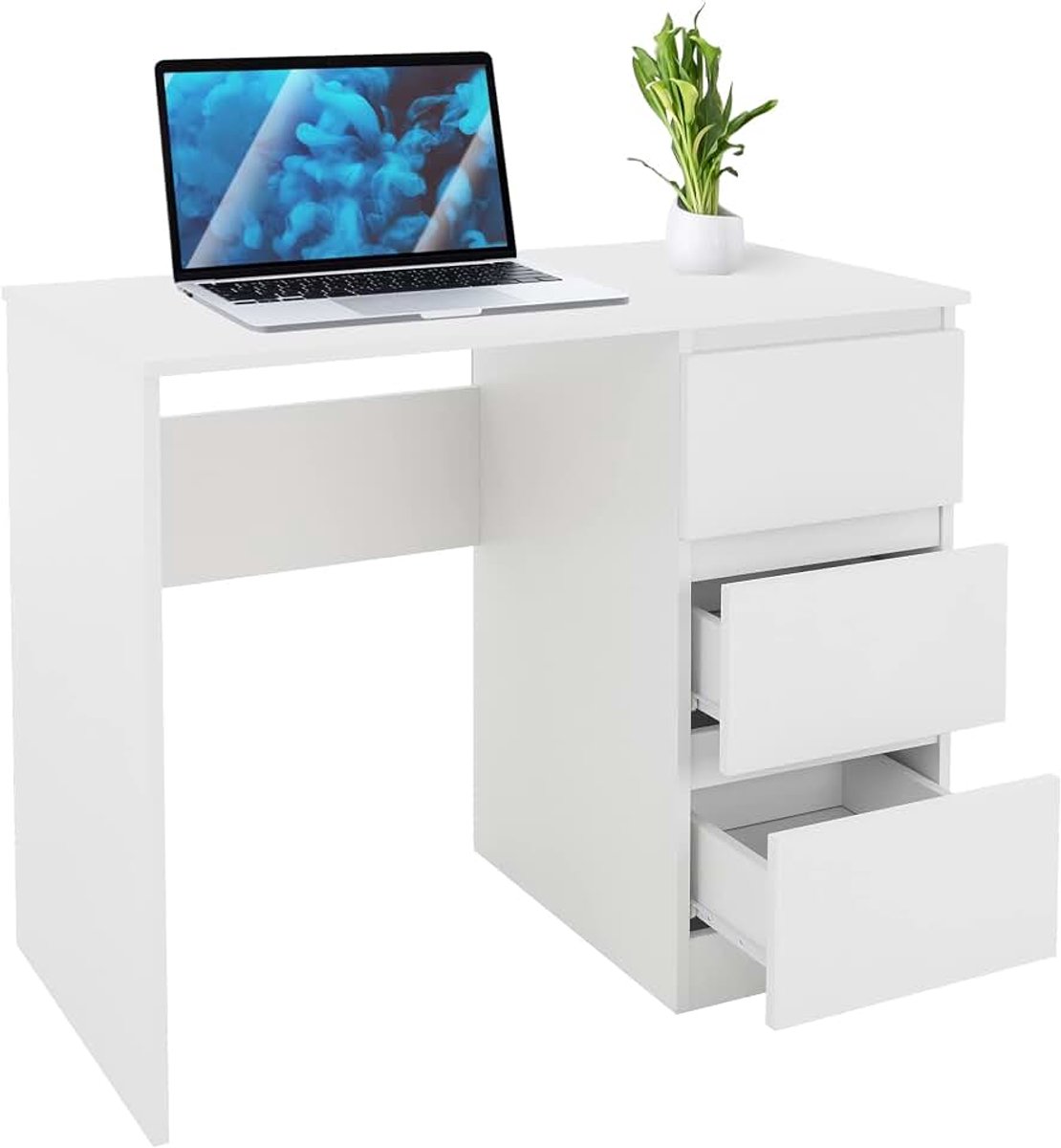Bureau met 3 laden, 90x76x50 cm, wit mat, veel opbergruimte, modern, werkbureau bureautafel computertafel kantoormeubilair kinderbureau laptoptafel PC tafel, voor thuis en kantoor