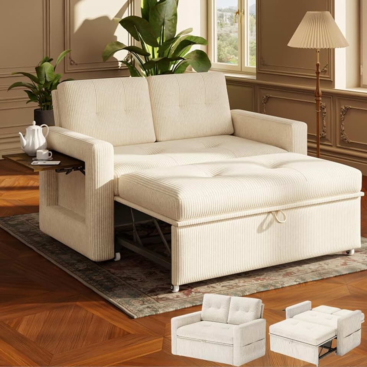 Sofa met slaapfunctie, slaapbank met 5-traps verstelbare rugleuning, slaapbank met bedfunctie, bank met tafel en zijvak, 2-zits slaapbank 177 x 135 cm, corduroy beige