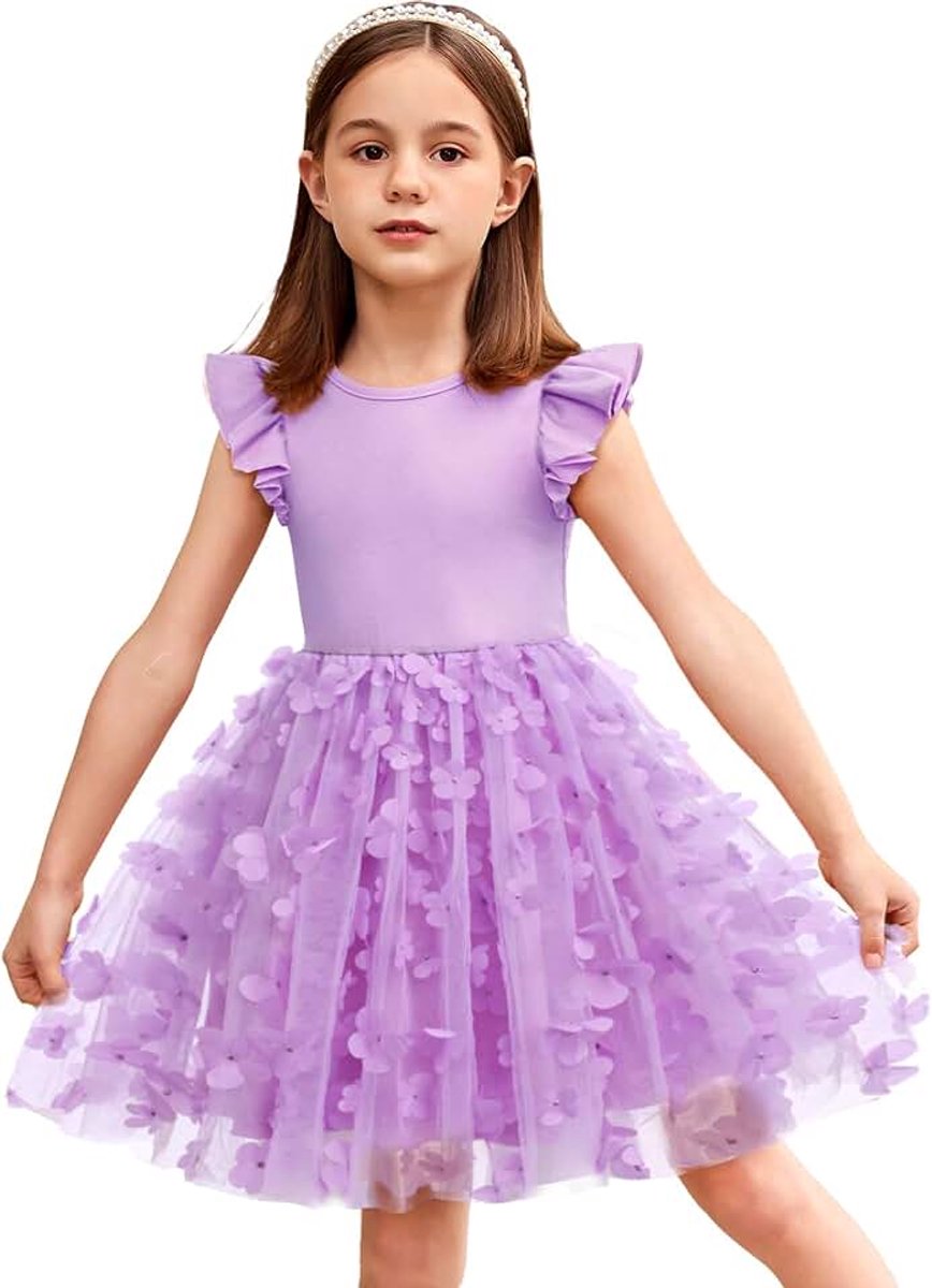 Meisjesjurk voor kleine kinderen, tule jurk, vliegende mouwen, prinsessenjurk, feestelijke jurk, tutu, kinderjurk, katoen, feestjurk, verjaardag, bruiloft, zomerjurk, 2-7 jaar
