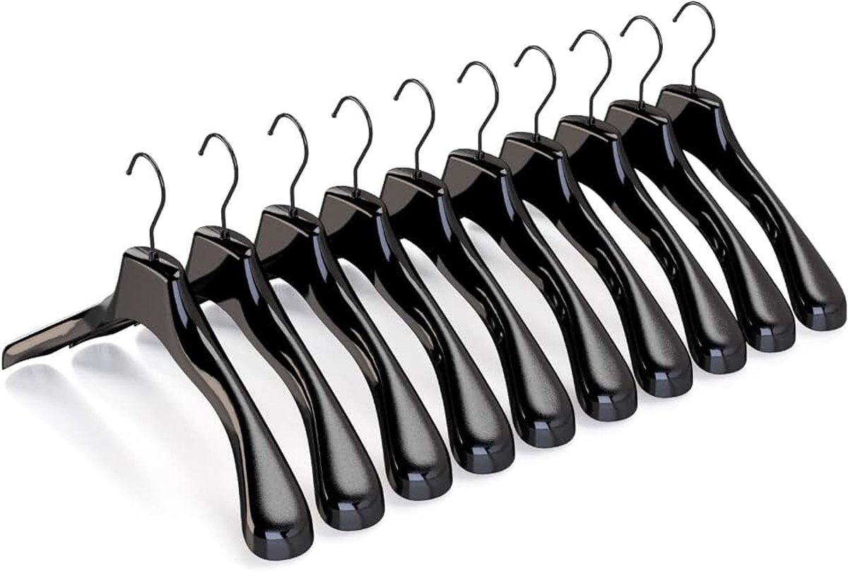 Kledinghangers voor bovenkleding, mantels, jassen, ATP Line Start, 10 stuks (zwart glanzend met zwarte haak, 45 cm)