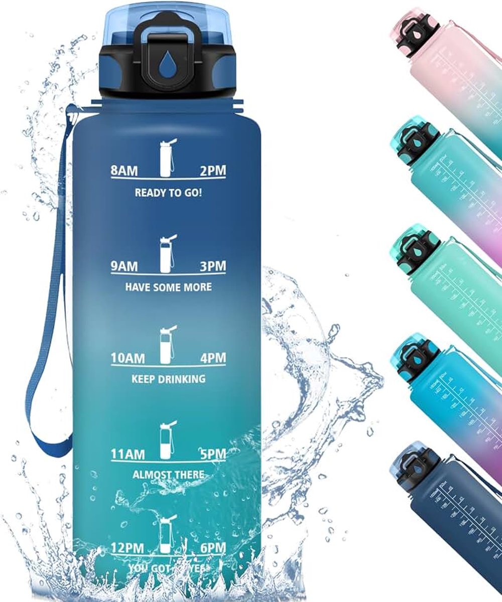 Sportdrinkfles 1,5 l, lekvrij, motiverende sportfles, met filter, voor school, kantoor, studio, fitness