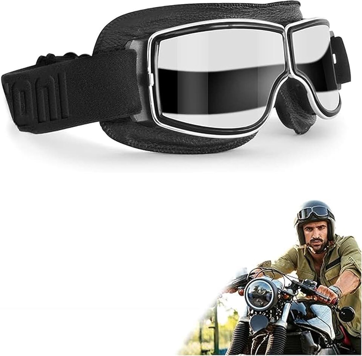 Vintage, motorcrossbril, PU-leer, voor motorcrosshelm en fiets, retro, voor outdoorsporten