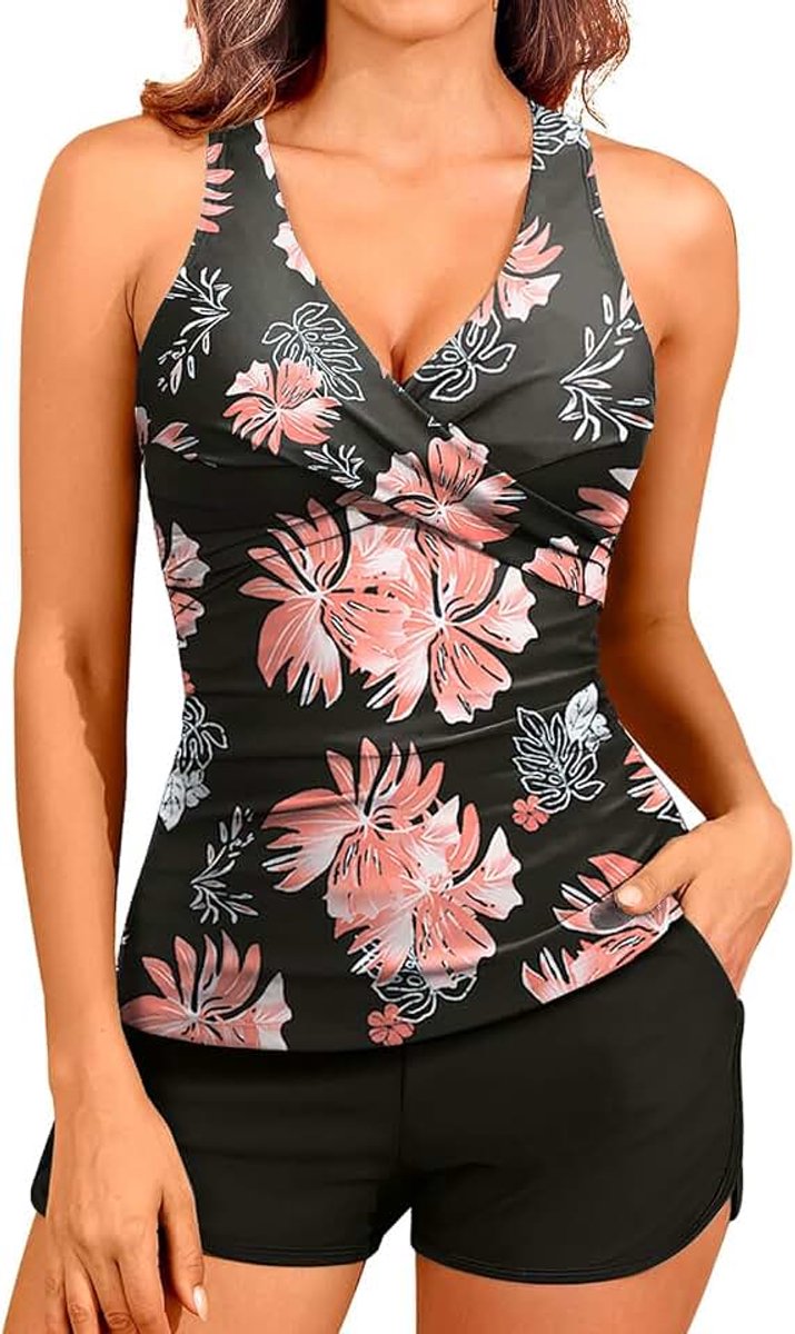 2-delig badpak voor dames, tankini, shorty, met zakken, elegant, V-hals, bikini, bovenstuk, bikini, hoge taille, afslankend, tankini