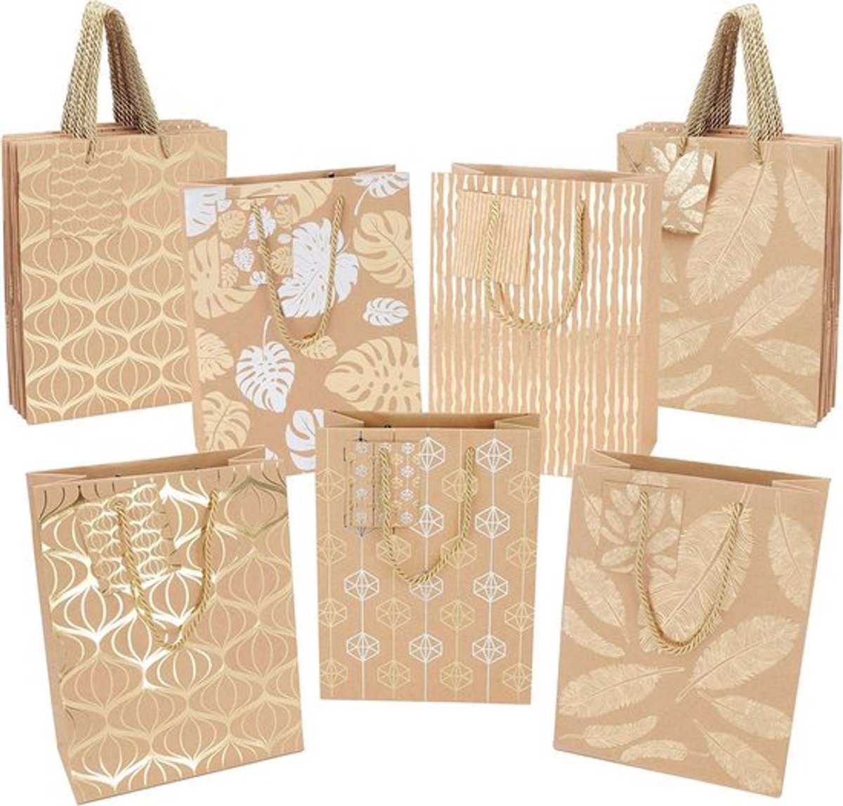 - Bruin Papier Geschenk Tassen - Goud & Zilver - Metaal Ontwerpen - Goud Handvat - Kaarten - Geschikt voor Hobby - L18 x B8,5 x H24 cm - Verjaardagen Feestjes Huwelijk Baby Shower