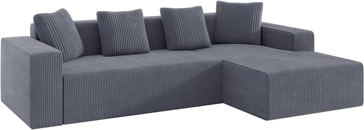 Cloud volledig op te vouwen, moderne L-vormige chaise longue, zonder montage, bank met diepe zitting van ribfluweel, gevoerde bank, voor woonkamer en slaapkamer (grijs B, 3-zits)