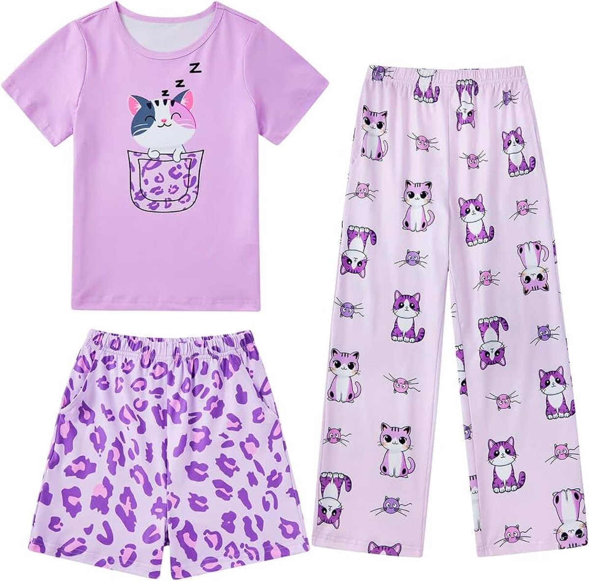 Meisjes pyjama sets meisjes kleurrijke bedrukte pyjama nachtkleding korte mouw nachtkleding voor meisjes pyjama 3-delige sets 7-14 jaar