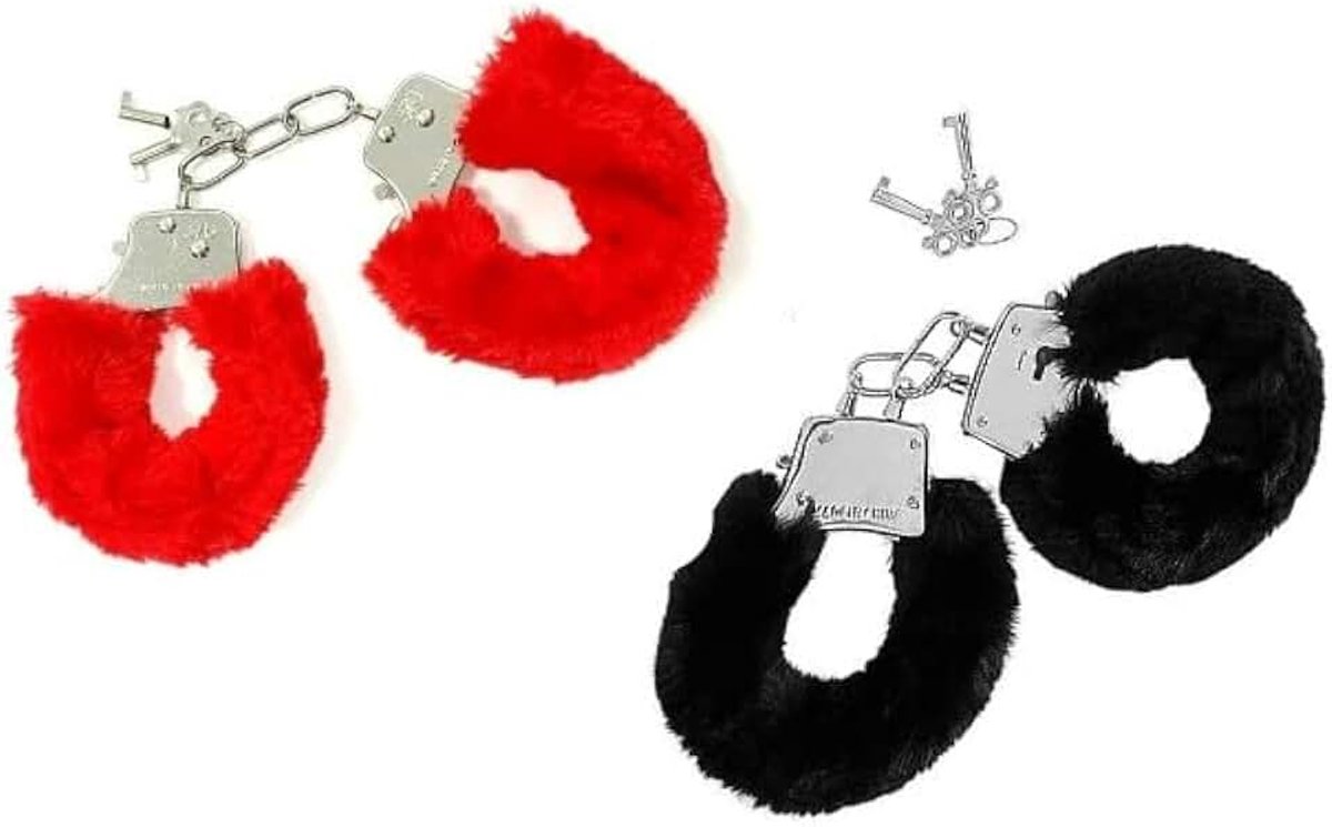 Handboeien, 1 rood en 1 zwart. Politie voor dames, politie, verpleegster, arts, veiligheidsagent, kostuumaccessoires, metaal met pluche