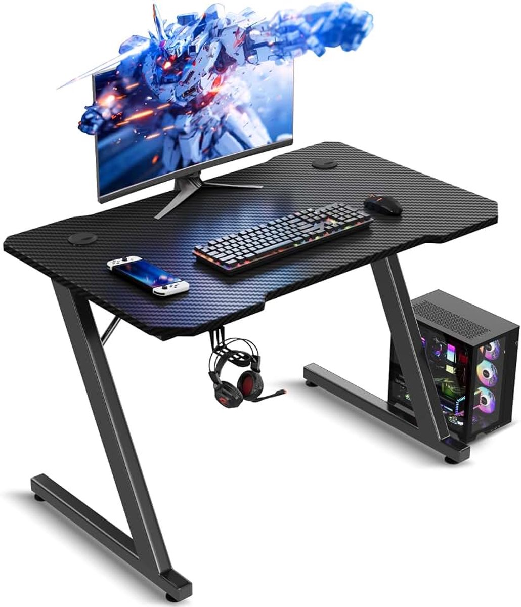 Gaming Desk, 80x52CM Gaming tabel, robuuste PC ergonomische Computer Desk, koolstofvezel oppervlak tabel, hoofdtelefoon haak, Gamer Z-vorm modern Cool zwart