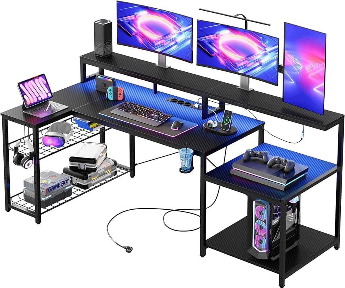 Gamingtafel, 181 cm, gamingbureau met ledverlichting, pc-tafel, gaming met 3 AC-stopcontacten en 2 USB-oplaadaansluitingen, computertafel met royale monitorplank