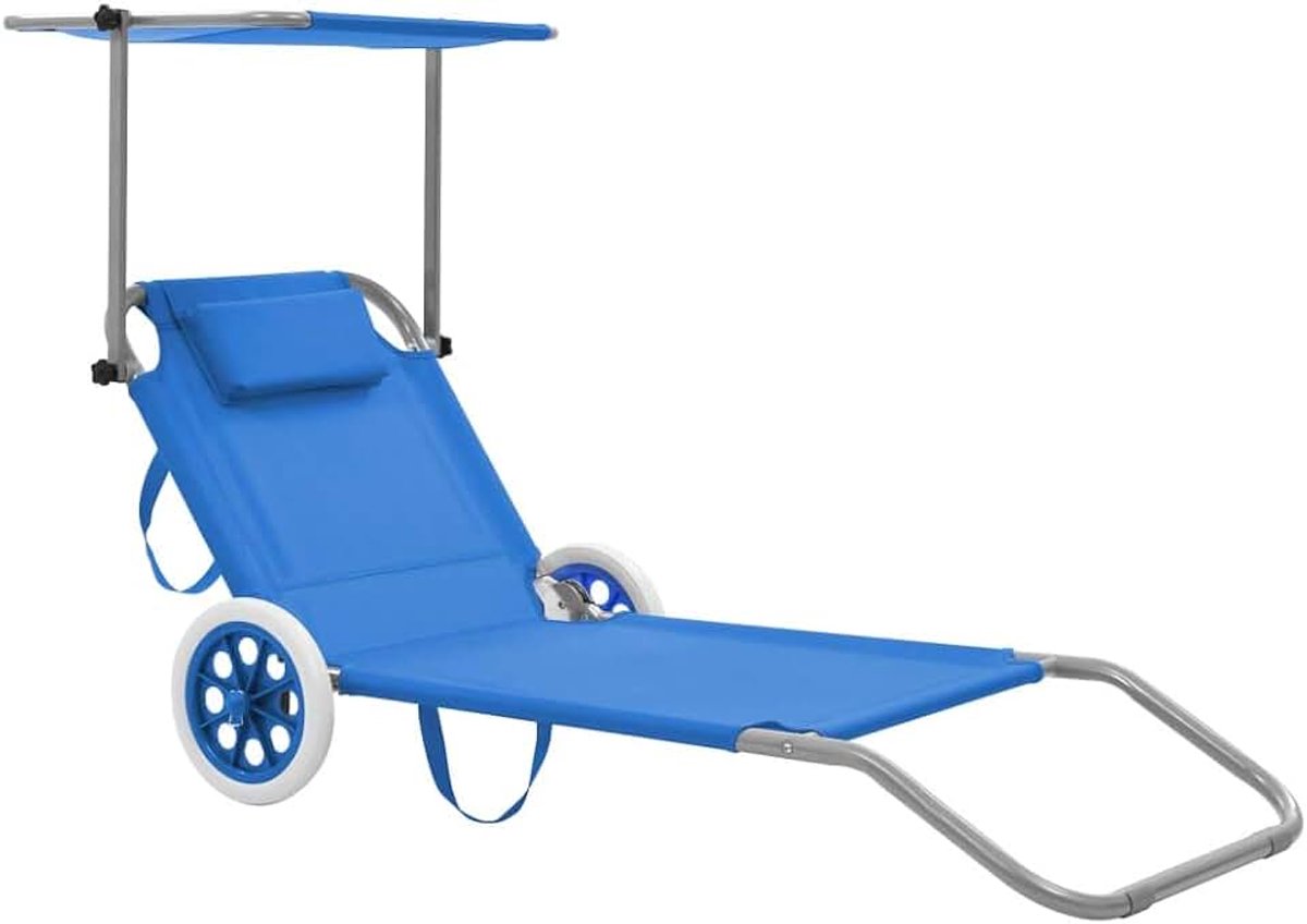 Inklapbare ligstoel met zonnedak en R?dern verstelbare tuinligstoel ligstoel relaxstoel voor tuin terras balkon, blauw staal 146 x 52 cm
