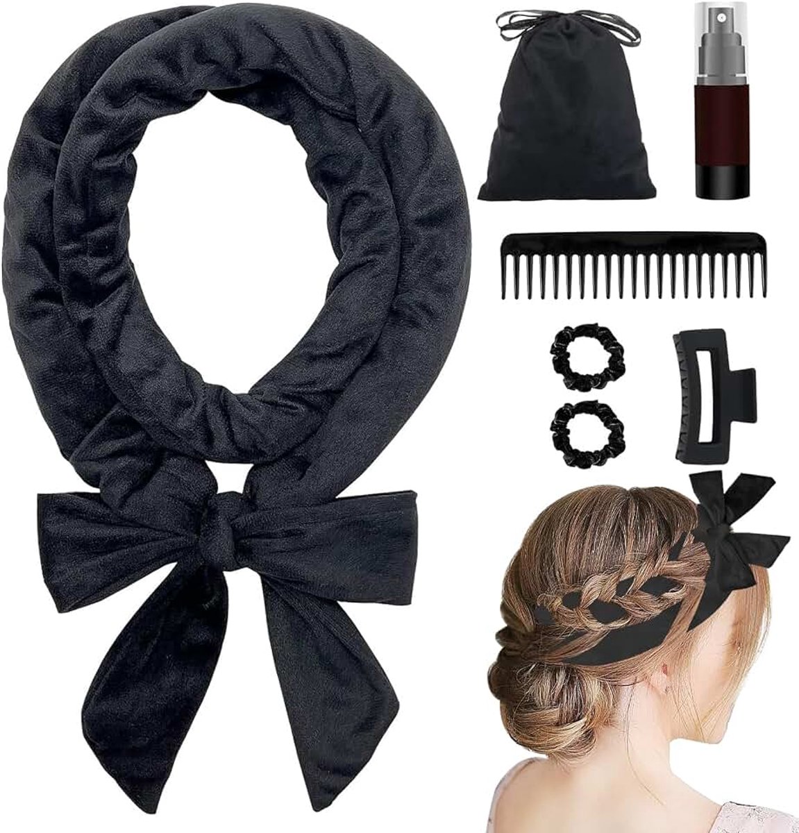 Krullers zonder hitte, Heatless Curls Band Set antislip krullers, 's nachts DIY Hair Curler met haarspeld krullen voor lang middellang haar (zwart)