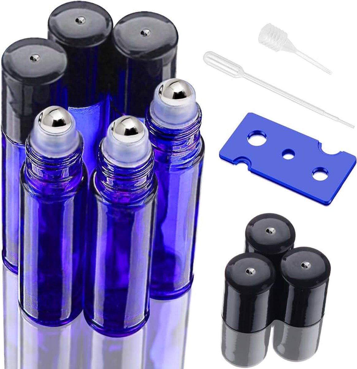 Rollon glazen flessen voor etherische olie, 6 stuks, blauwe rollon-olie, leeg, 10 ml, rollon-flessen voor oliën, met roestvrijstalen rollon-bal, etherische oliën, rollon voor etherische oliën,