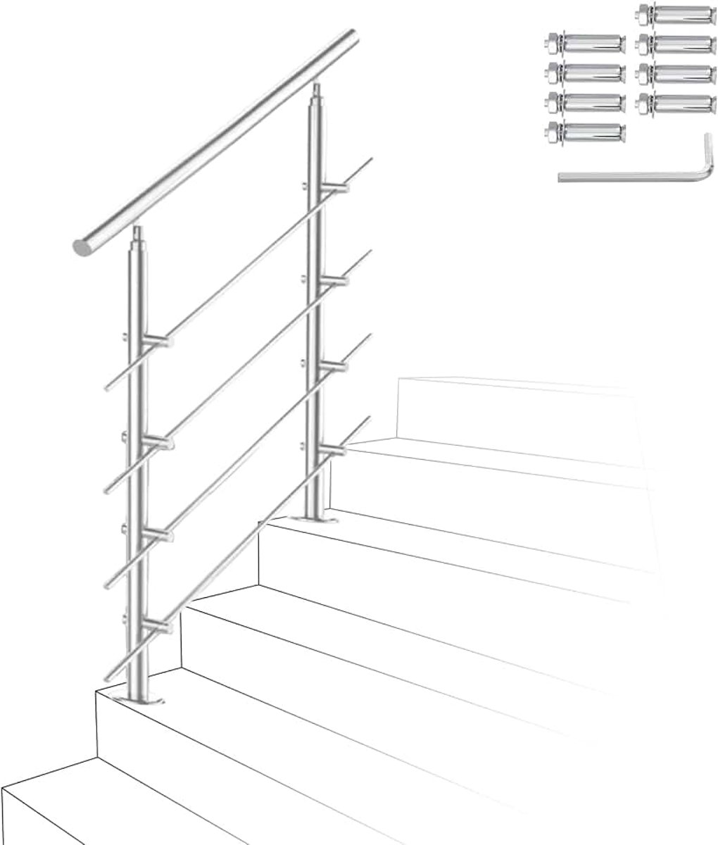 Roestvrij stalen leuning, trapleuning, 80 cm, met 4 dwarsbalken en accessoires, voor trappenhuis, balkon, entree