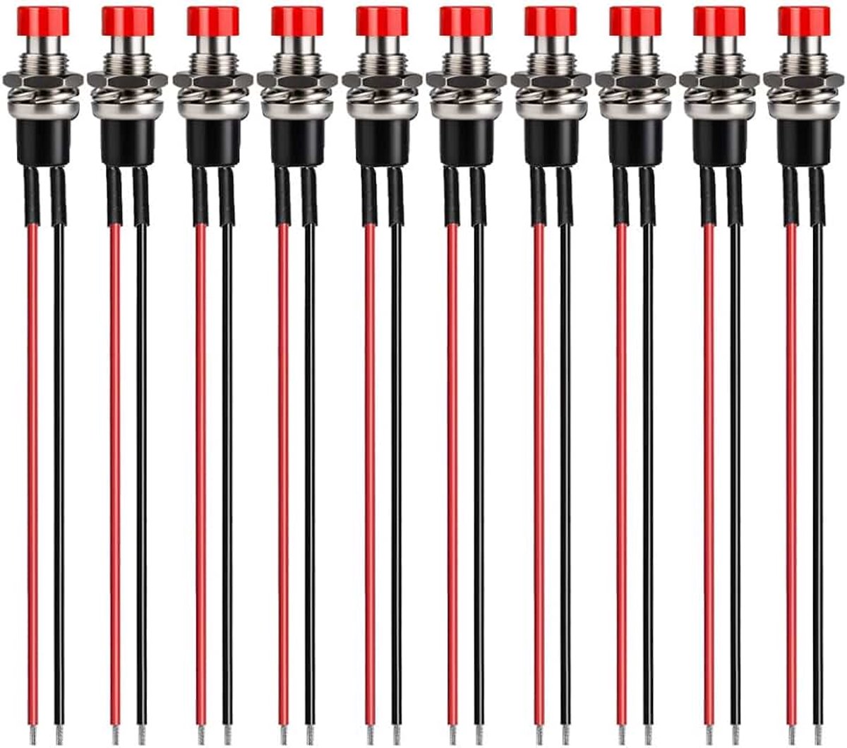 10stks 7mm 3V-6V-12V-24V-230V/1A Voorbekabelde Mini Momentary Drukknop, SPST Nomal Open AAN/UIT 2 Pin Ronde Knop voor Modelspoor Hobby（rood）