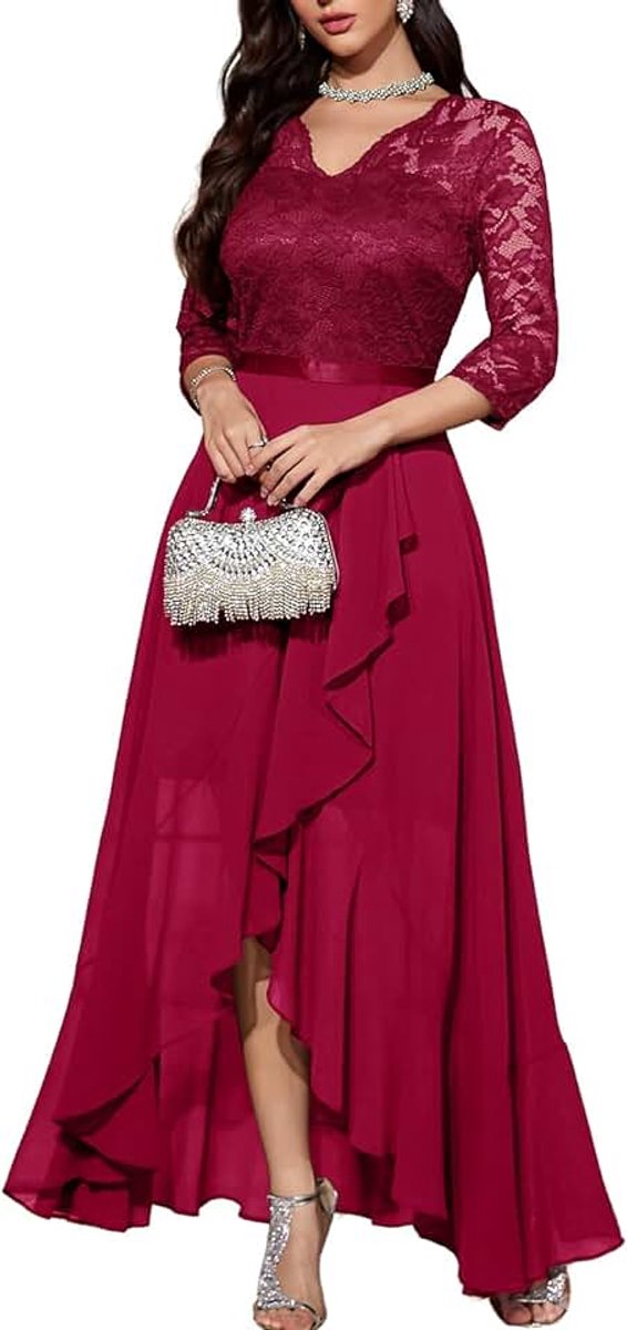 Elegante avondjurk voor bruiloften, kanten jurk, chiffon, Hi-Lo jurk, bruidsmeisjesjurk, vokuhila, feestjurk, lange baljurk, strandjurk