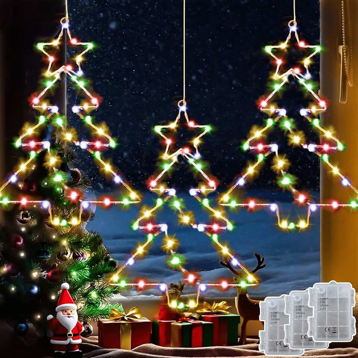 Kerst-raamverlichting, 3 stuks, 45 leds, werkt op batterijen, om op te hangen, kerstboom, met timer, waterdicht, kerstlicht, voor ramen, binnen en buiten, meerkleurig