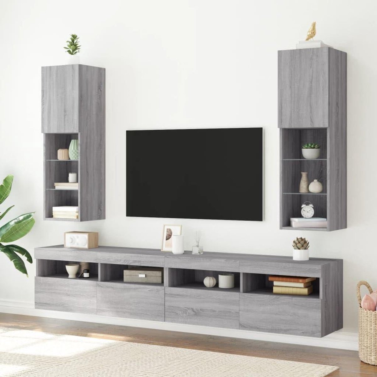 Tv-kasten - Dressoir Woonkamer - Media Opslag - Met LED-lampen - 305x30x102 cm - Grijs Sonoma