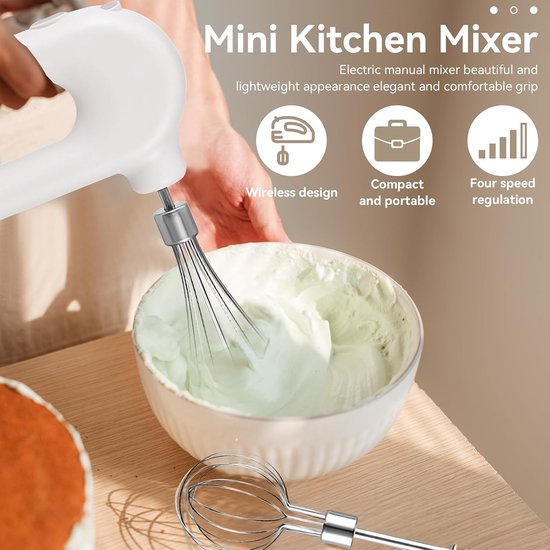 Draadloze Handmixer - Mini Mixer - Beslag Maken - 4 Snelheden Instelbaar - Mini Formaat - Wit — afbeelding 2