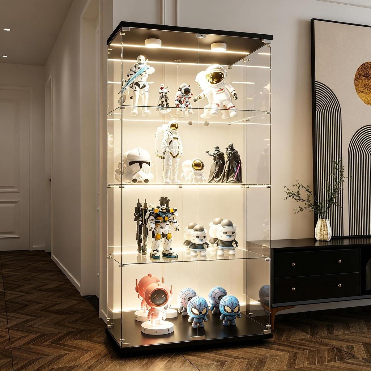 Glazen Vitrinekast - Collectiekast Zuil - Collectie Presenteren - Met LED en Spiegel - 81x37x164 cm - Zwart