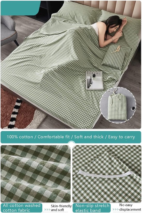 Slaapzak Liner - Reislaken Katoen - Comfortabel Slapen - Ademend Zacht Materiaal - 120x210cm - Groen — afbeelding 3