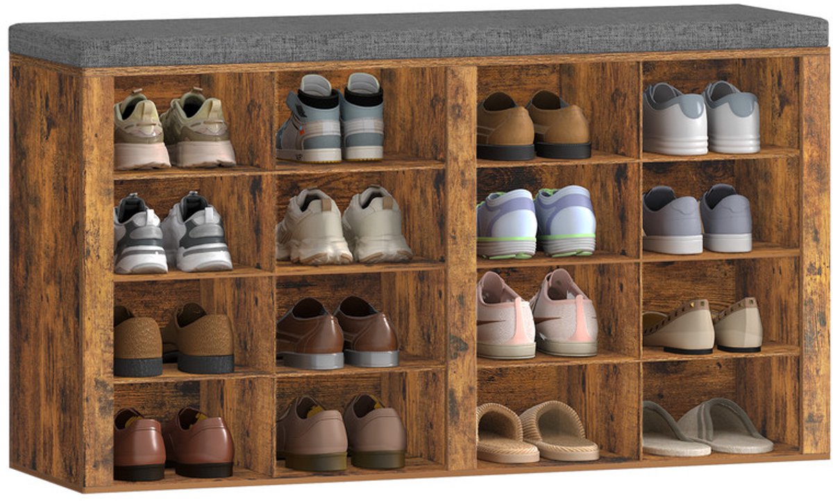 Hzuaneri Schoenenbank met zitting, 16 vakken, vintage bruin, schoenenkast met bank, verstelbare planken, voor woonkamer, slaapkamer, hal