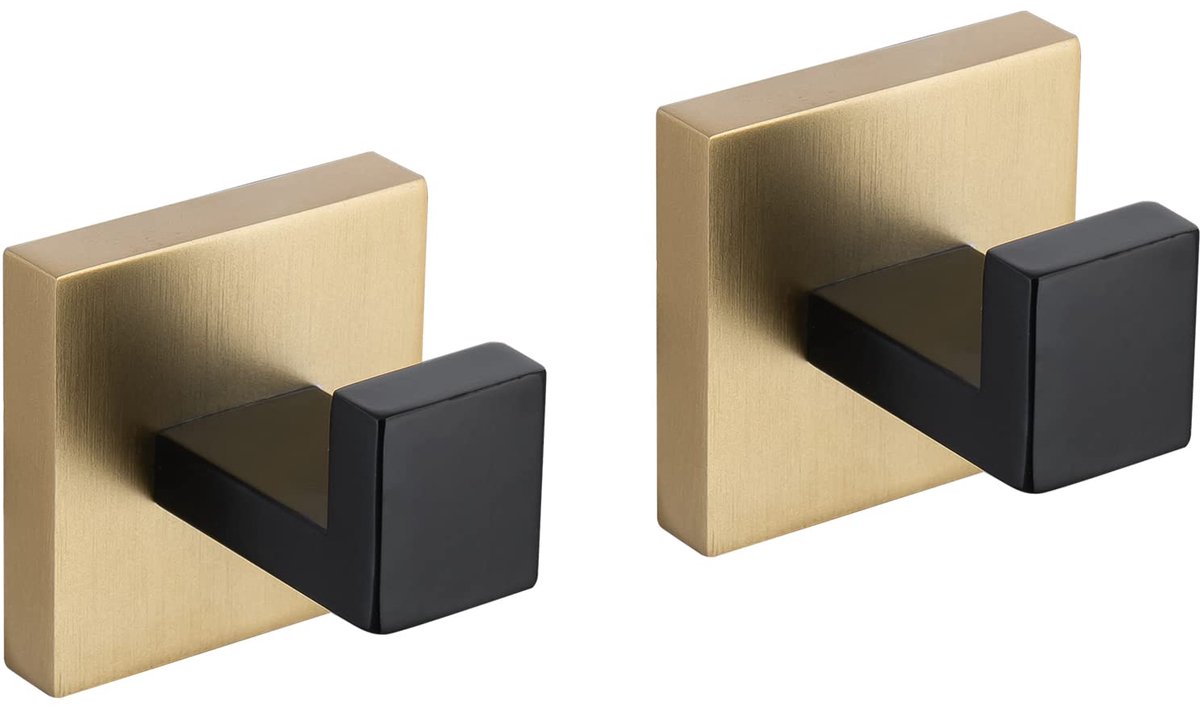Handdoek Robe Haak Enkele Hanger Houder Rvs Matte Zwart+Goud 304 Rvs Chrome Afgewerkt Handdoek Haak Wandmontage 2 Pack Douche Keuken Badkamer Handdoek Opknoping Haak