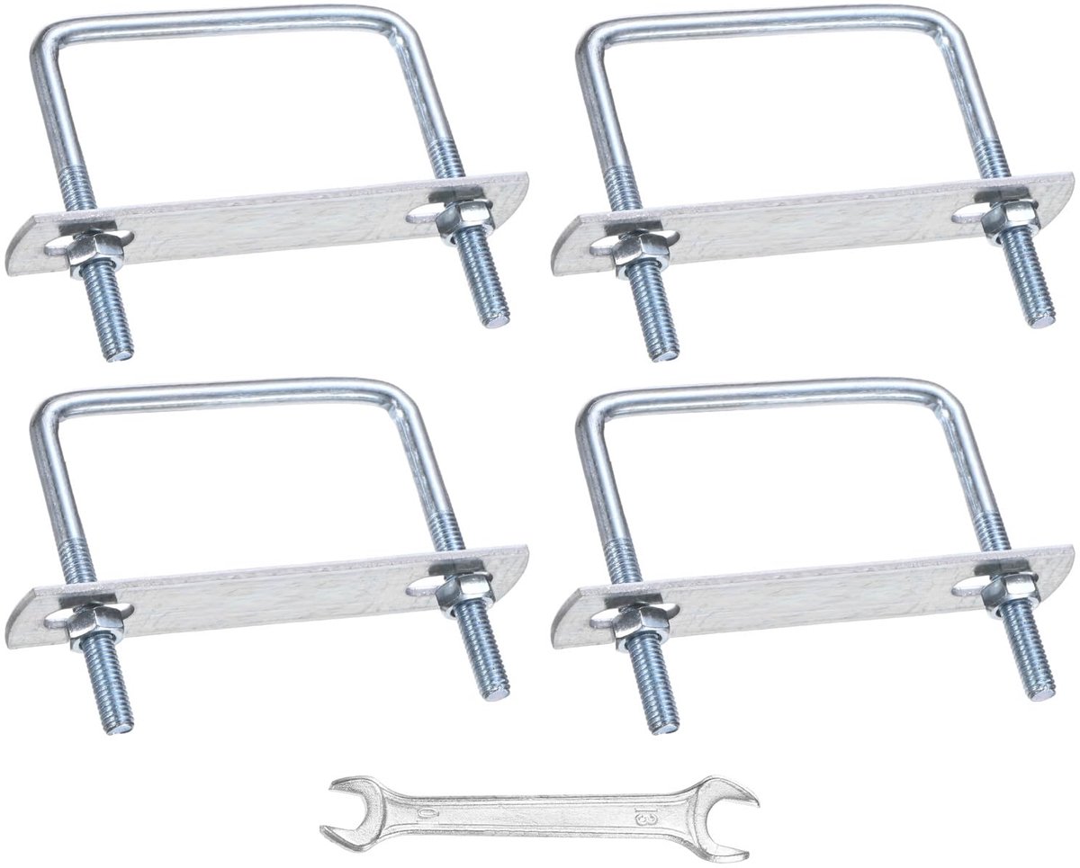 METERXITY Set vierkante U-bouten (M6 x 60 x 65 mm, zilver), 4 sets vierkante U-bouten van koolstofstaal met bevestigingsplaten, moeren en sluitringen en sleutels, geschikt voor ski/board