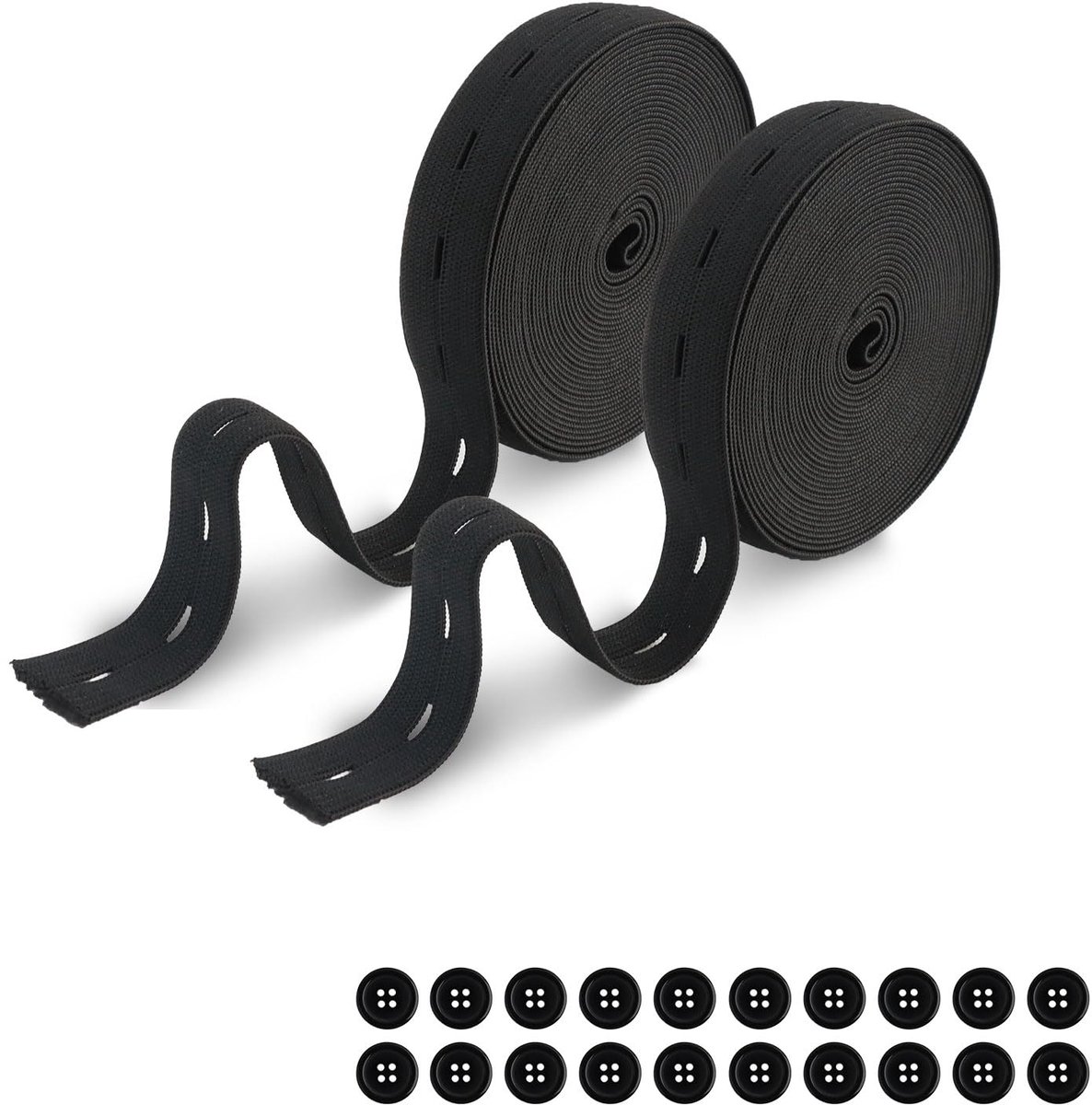 2 rollen elastische rubberen band, naaien, knoopsgat, breed, broekelastiek, totaal 20 m, breed elastiek 20 mm met 20 knopen, polyester elastische band voor riem, broekkoord, zwart