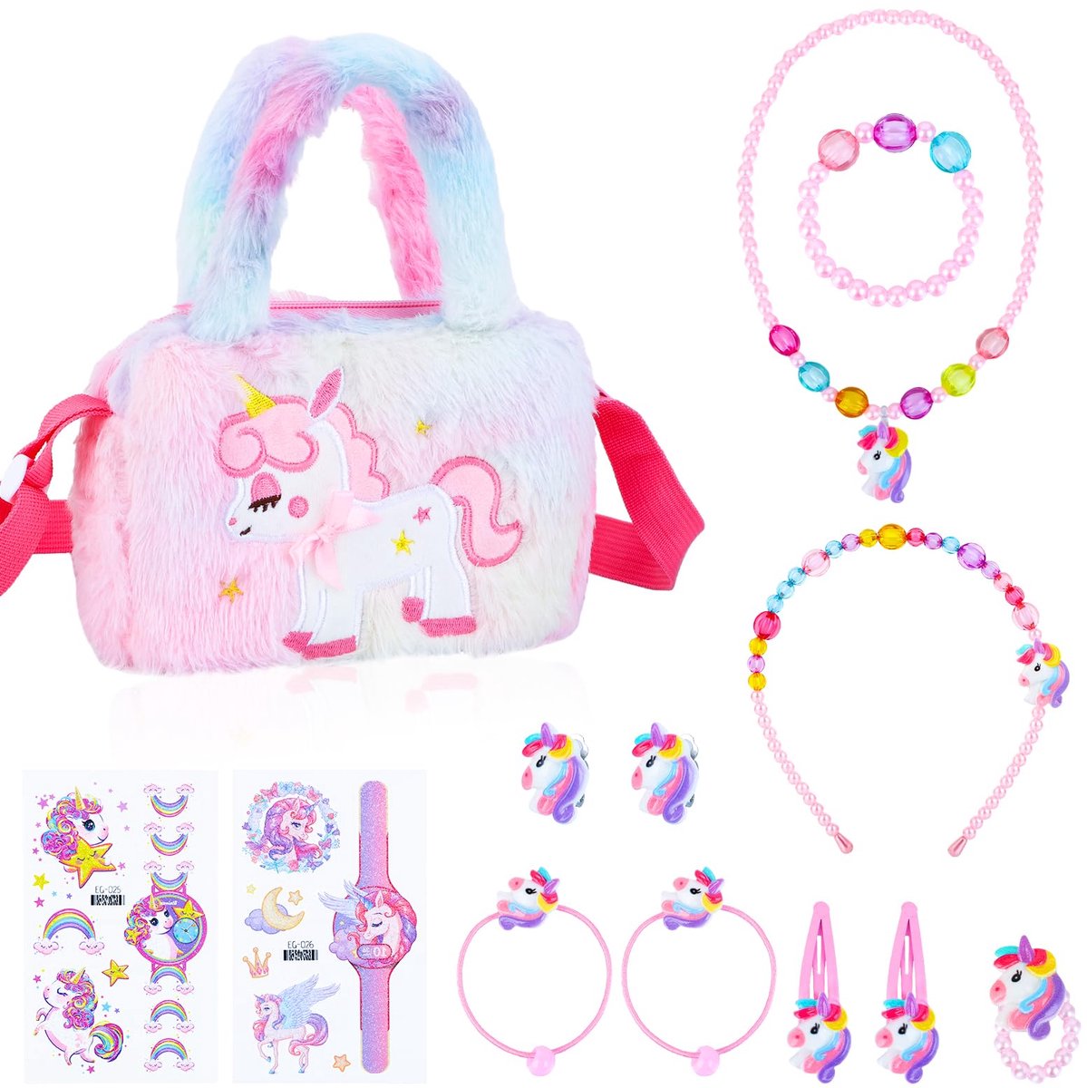 13 stuks eenhoorn handtas sieraden kinderen meisjes eenhoorn halsketting armband oorbellen ringen diadeem set sieraden voor speelgoed cadeau verjaardag meisjes 3 4 5 6 7, Eén maat, Katoen,