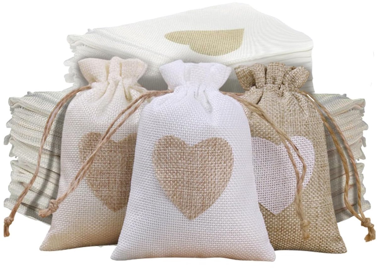 Plentiful 30 stuks jute zakjes, kleine stoffen zakjes, 10 x 8 cm, jute zakjes, cadeauzakjes met hart, kleine linnen tas, stoffen zakjes voor verjaardag, bruiloft, relatiegeschenken, zeep