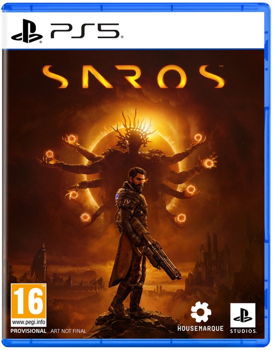 Playstation 5 game SAROS hoes: man met geweer staat voor demonische figuur met vele armen.
