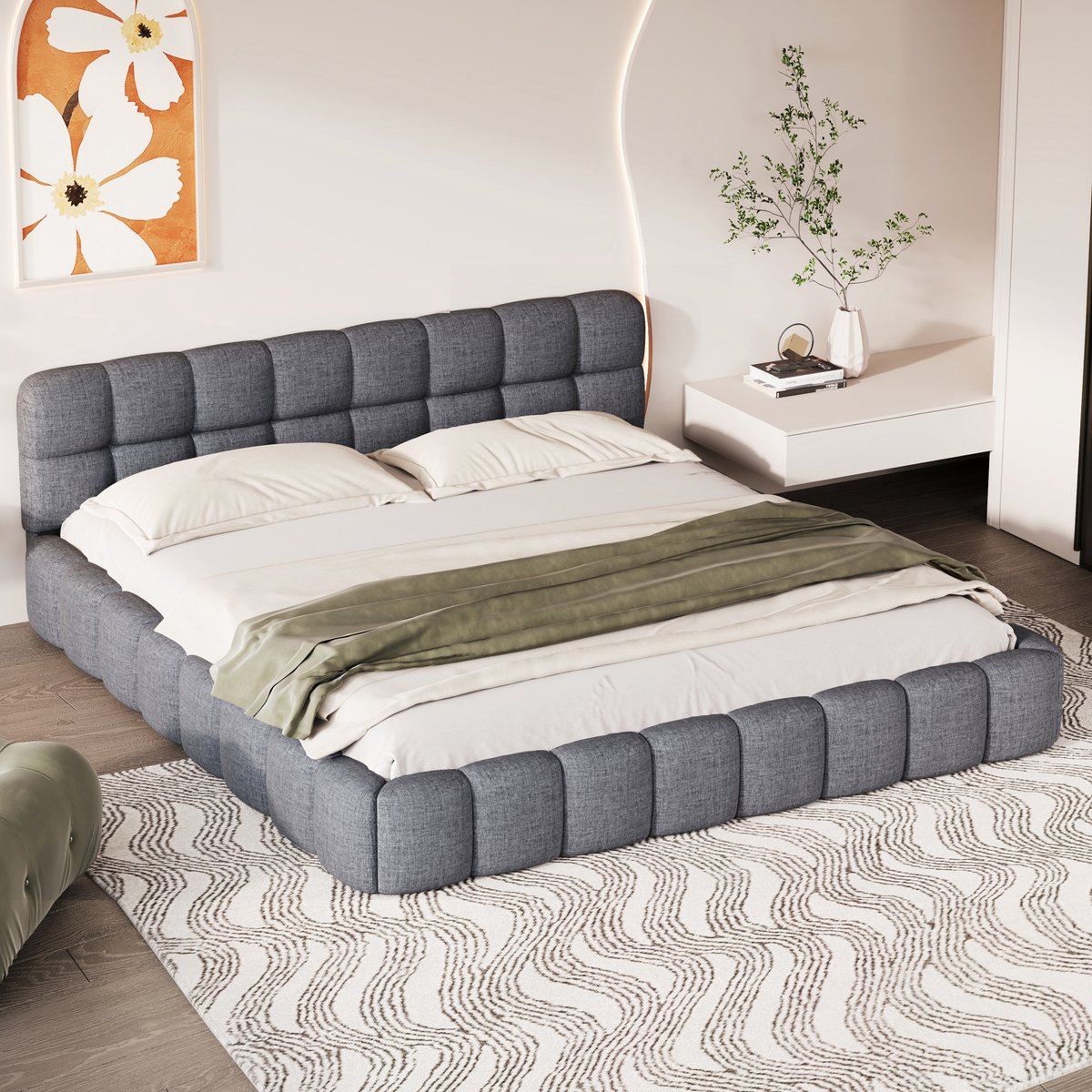 Tweepersoonsbed 140x200 cm, gestoffeerd linnen bed met lattenbodem, modern volwassen bed met elegant volant design, grijs, zonder matras