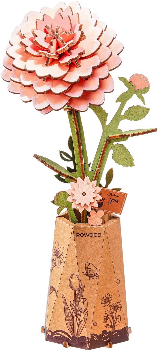 Casalora 3D Houten Bloemen Puzzel/Bouwsteentjes Volwassenen - DIY Bouwpakket voor Volwassenen - Decoratieve Abrikoosroze Dahlia - Creatief Cadeau voor Vrouwen en Mannen