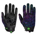 Voor- en achterkant van een sim race handschoen met paars/blauw hex-patroon.