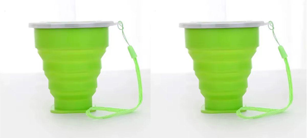 Opvouwbare bekers met deksel - 2 stuks - Siliconen inklapbare beker - 200ML - Groen - Met koordje - Siliconen - CHPN