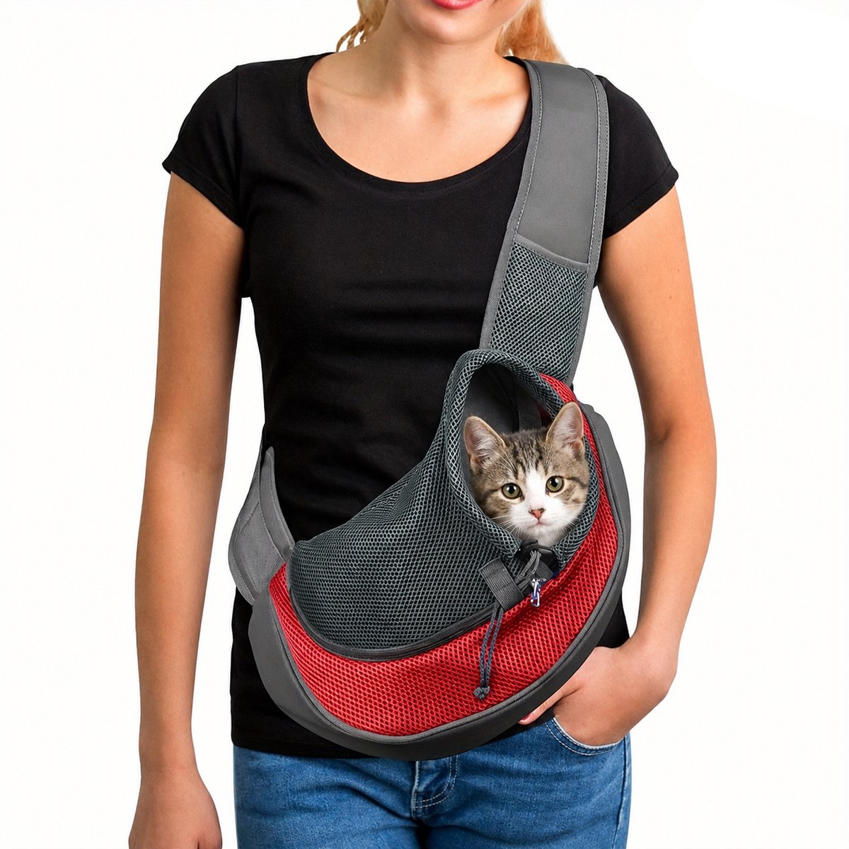 Casalora® Draagzak voor huisdieren – Hondendraagzak – Zacht, ademend gaas – Verstelbare schouderband – Maat S – Geschikt voor katten/puppy's tot 2 kg – Rood