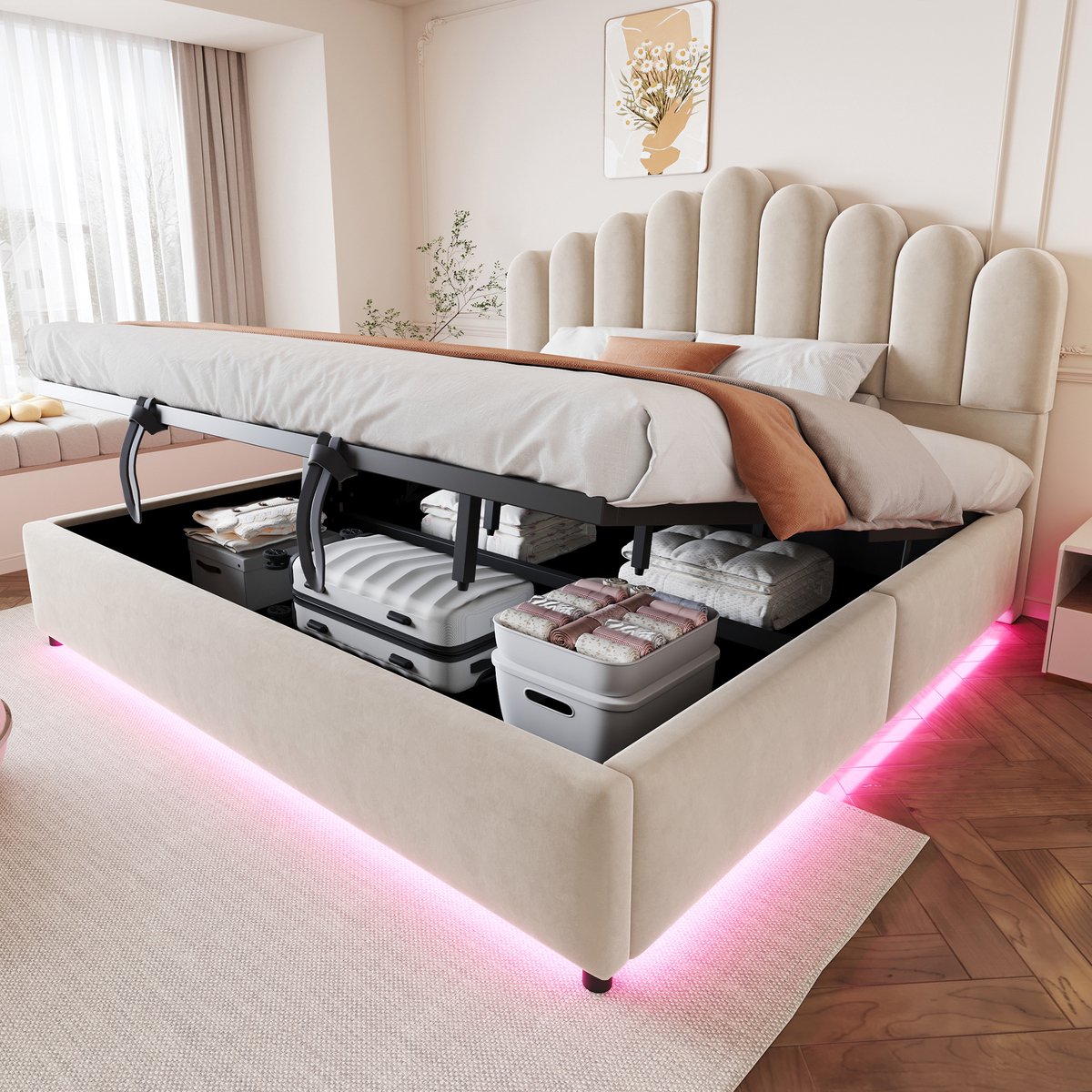 Polsterbed 180 × 200 cm Mit LED Licht en Volumineus Kopfdeel - Beige