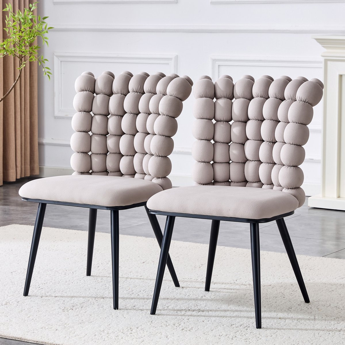 Eetkamerstoel Set Van 2 - Velvet Stoel Met Kralen Rugleuning - Moderne Stoelen Lichtgrijs Metalen Poten