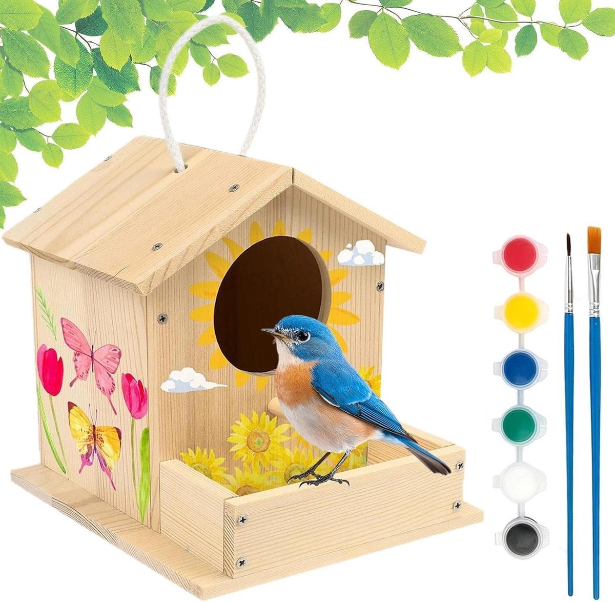 Vogelhuisje Knutselset - Houten Decoratie - Creatief Knutselen - Kindveilig Ontwerp - 6.8 x 18.7 cm - Natuurlijk Hout