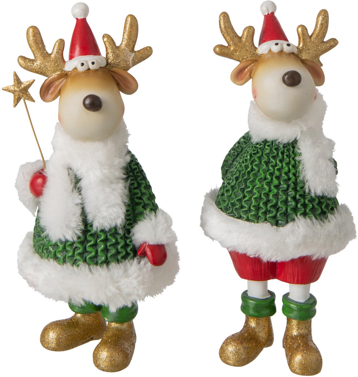 J-Line decoratie Rendier Winterkleren - polyresin - donkergroen/kerstrood - small - 2 stuks