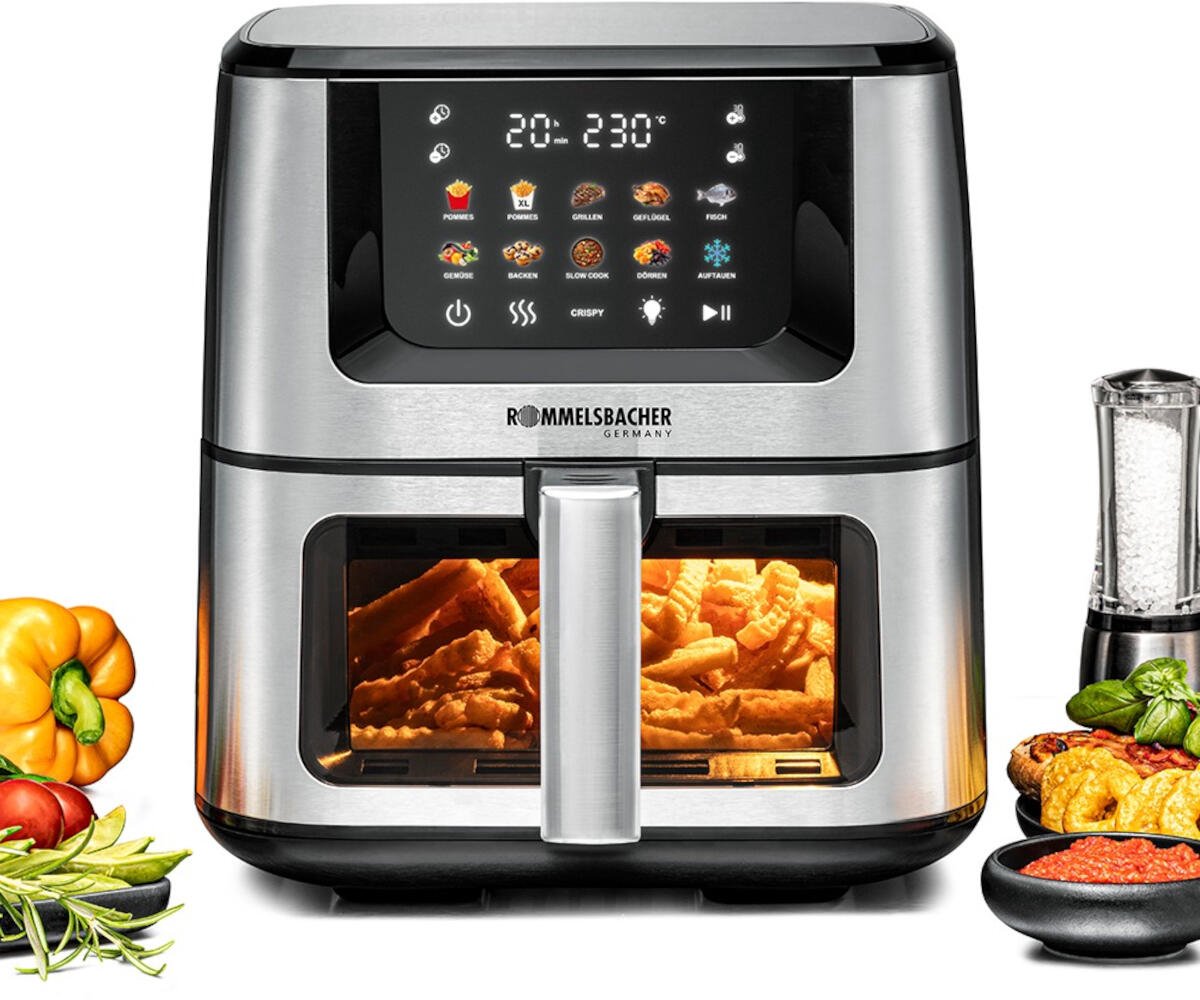 ROMMELSBACHER FRH 1850 Heteluchtfriteuse XXL, 7,5 liter, 10 programma's, 1570-1870 W, keramische PFAS-vrije anti-aanbaklaag, LED-touchscreen, kijkvenster met binnenverlichting