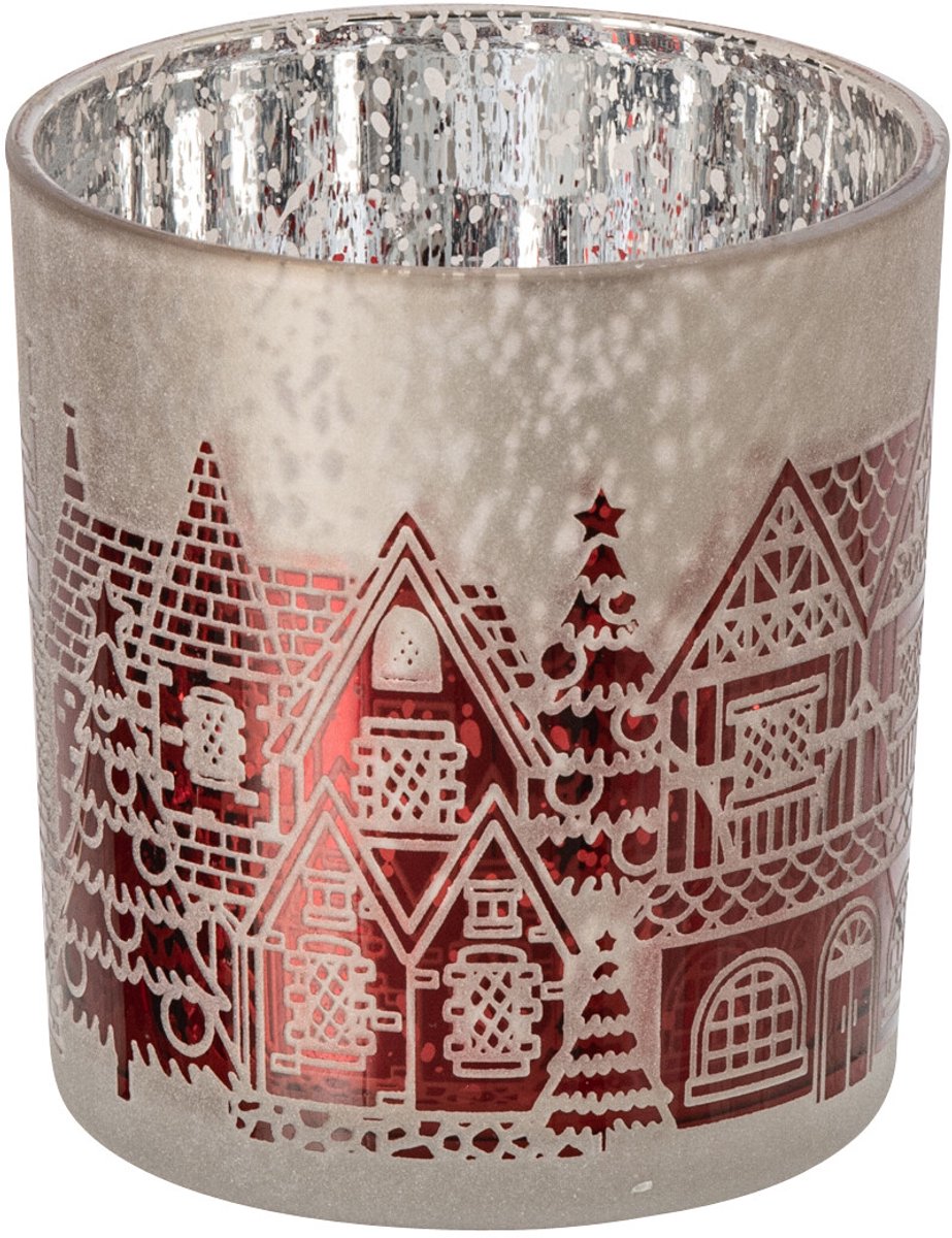 J-Line Windlicht - glas - kerstrood/grijs - small - set van 4