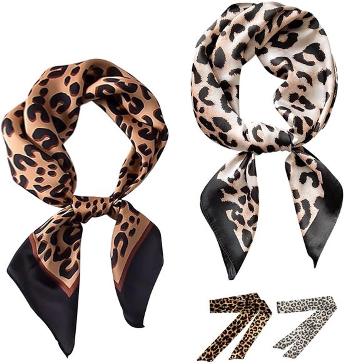Sjaals Set van 2 - Satijnen Sjaals 70 x 70 cm - Lange Damessjaals 4 x 90 cm - Luipaardprint - Hoofddoek/Neckscarf - Modieus Accessoire
