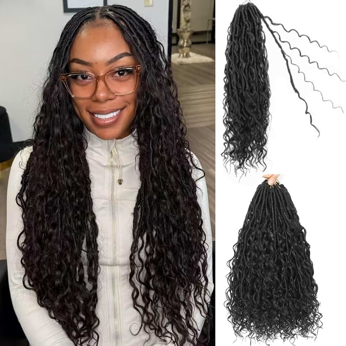 Locs gehaakt haar, 7 stuks, bohemian godin faux locs gehaakt haar, voorlooped boho zachte locs synthetische vlechten, haarextensies voor vrouwen (1B#, 61 cm)
