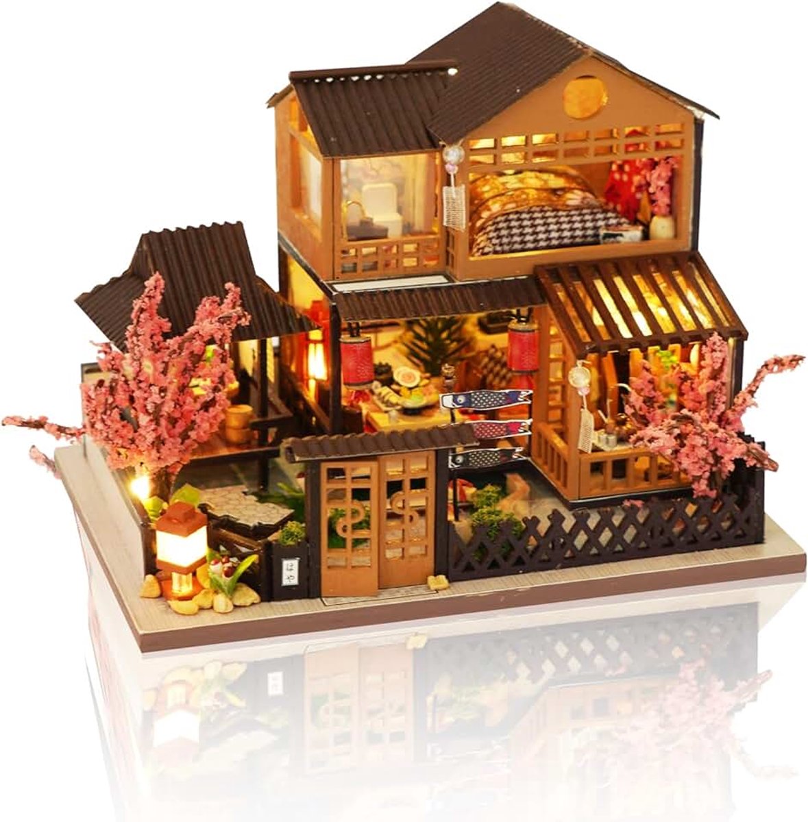 Miniatuur poppenhuis kit met led 1:36, houten handwerk voor volwassenen en jongeren om te bouwen, kerstcadeaus voor verjaardag (kersenboom in bloem)