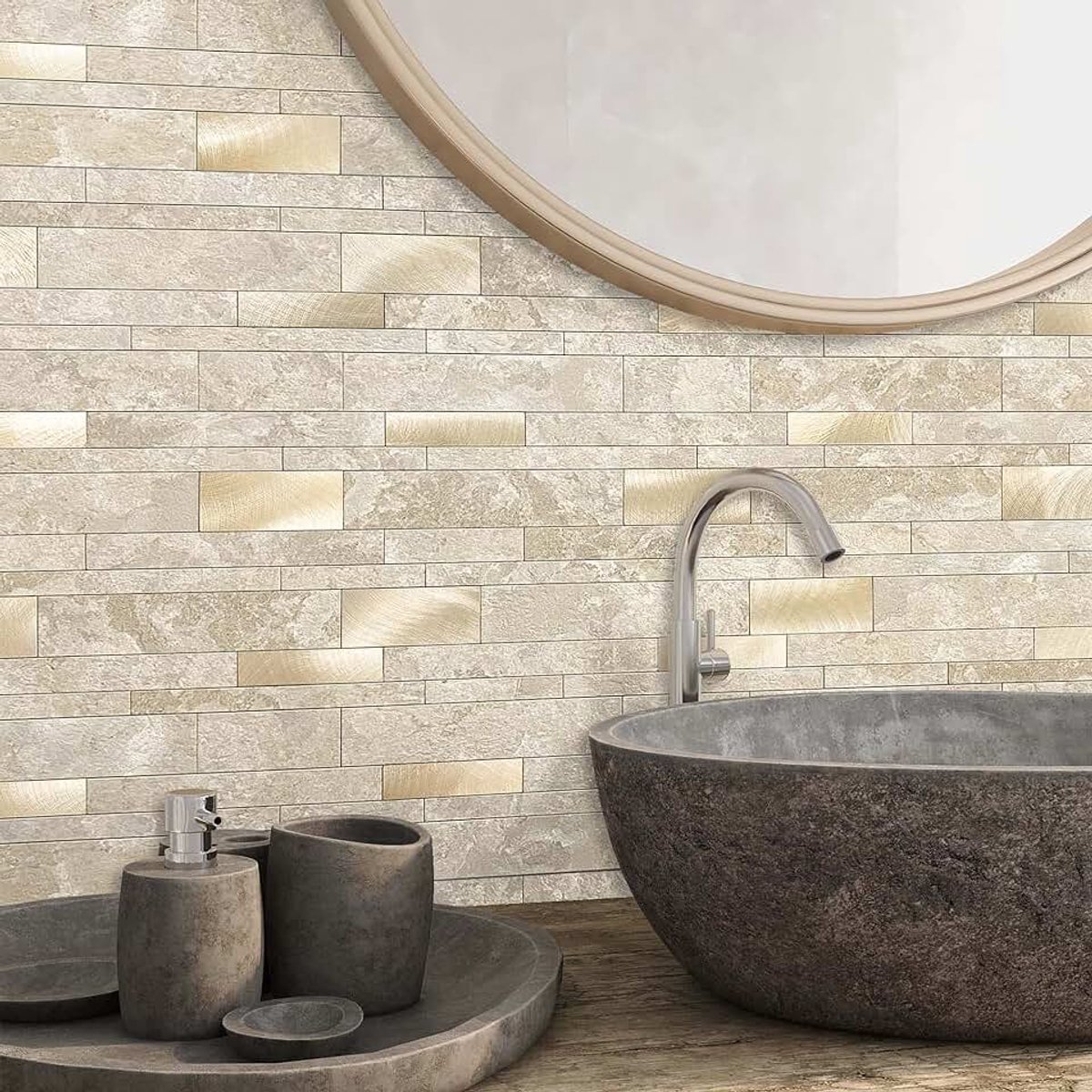 Backsplash tegels, zelfklevend, keuken, steen, metrostijl, lineair mozaïek, badkamer, douchewand, waterdicht (5 stuks, beige)