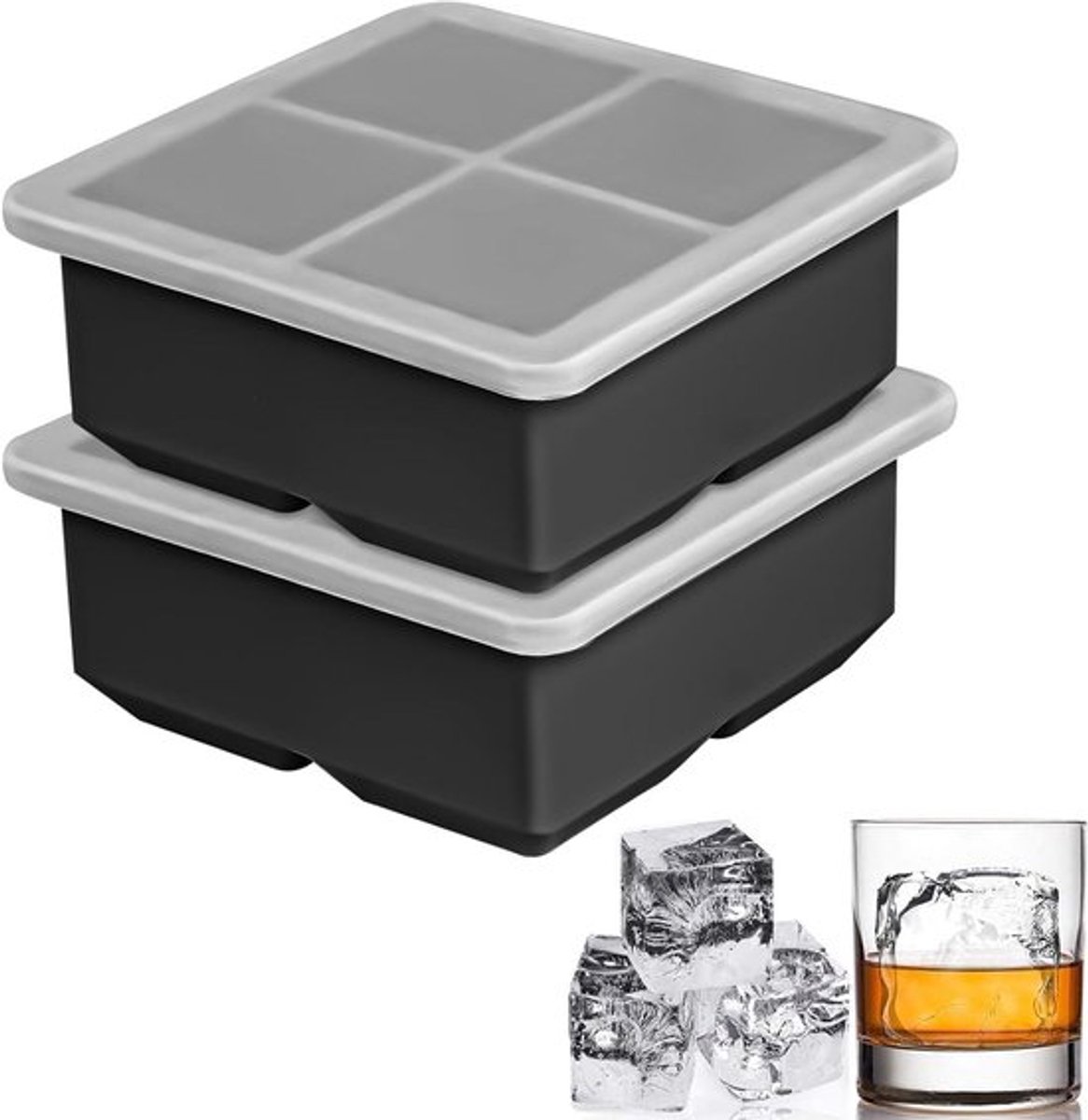 - Ijsblokjesvorm - Siliconen - Gigantische ijsblokjes - Whisky - Cocktails - Koffiesoep - Zwart - 2 stuks - 6,5 cm - Met deksel - Voor whisky - Bourboncocktails - Extra grote ijsblokjesvormen