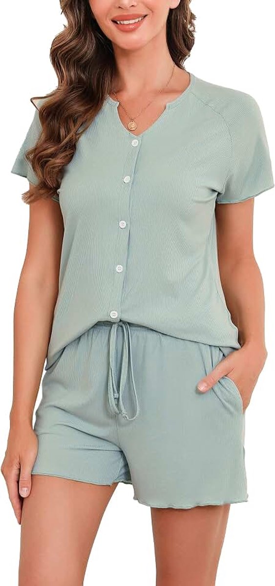 Pyjama's voor Dames Modaal Pjs Sets Geplooid Zacht Loungeset Korte Mouw Shirt en Korte Broek voor Lounge Slaapkleding